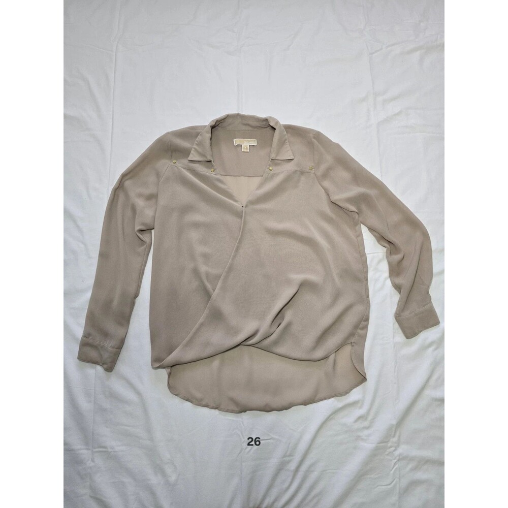 MICHAEL KORS Cross-Blusa Beige Size 6 Elegant Casual Long Sleeve Woman*